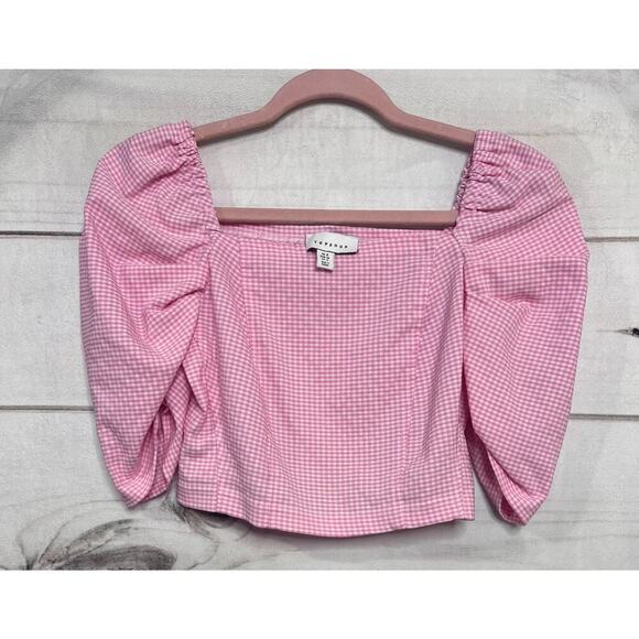 TOPSHOP Size 4 Pink White Checked Crop Top Preppy Cute - Picture 1 of 5